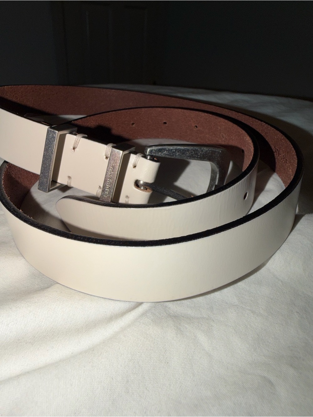 Women’s Cream Leather Belt with Silver Buckle